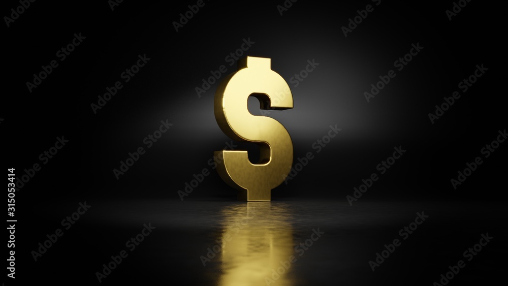 Poster gold metal symbol of dollar 3d rendering with blurry reflection on floor with dark background