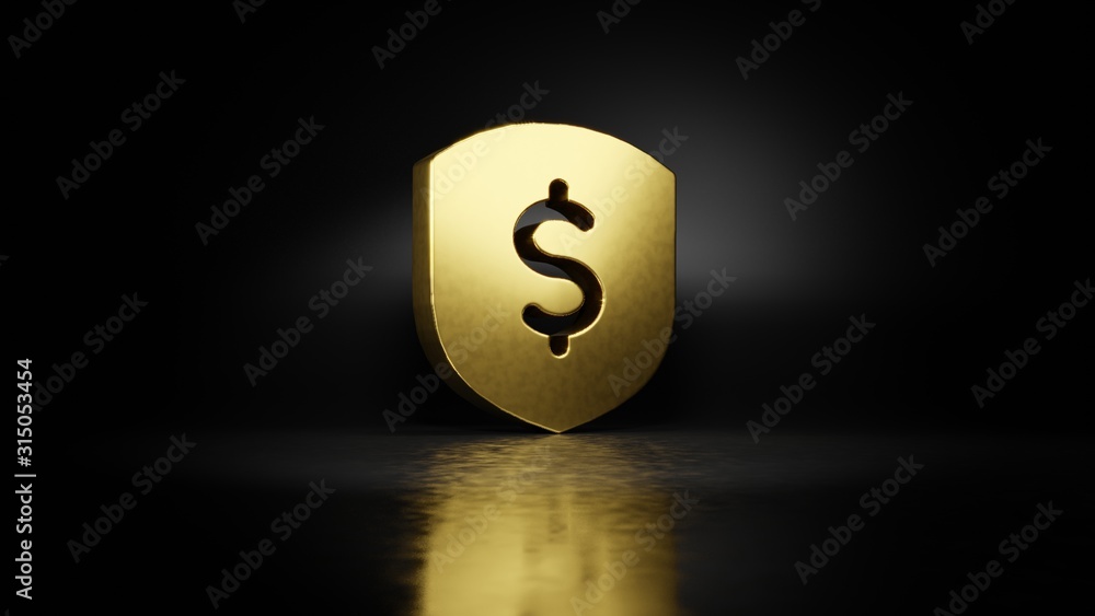 Poster gold metal symbol of dollar 3d rendering with blurry reflection on floor with dark background