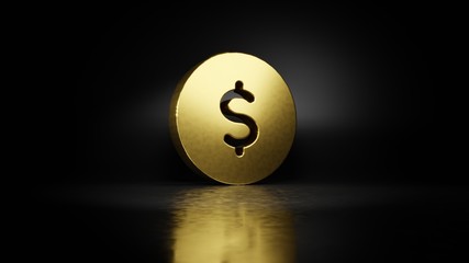 gold metal symbol of dollar  3D rendering with blurry reflection on floor with dark background