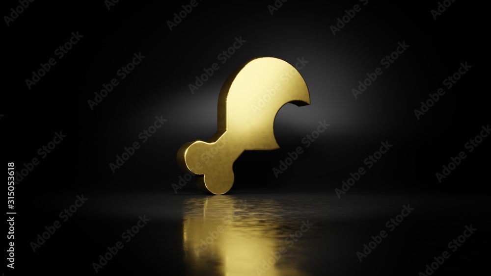 Poster gold metal symbol of drumstick bite 3d rendering with blurry reflection on floor with dark backgroun