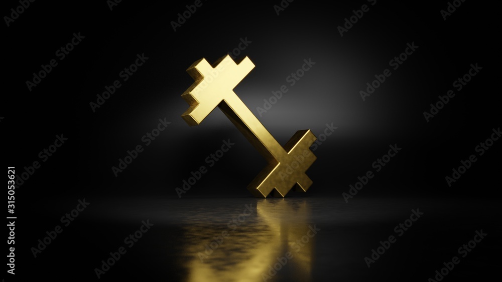 Poster gold metal symbol of dumbbell 3d rendering with blurry reflection on floor with dark background