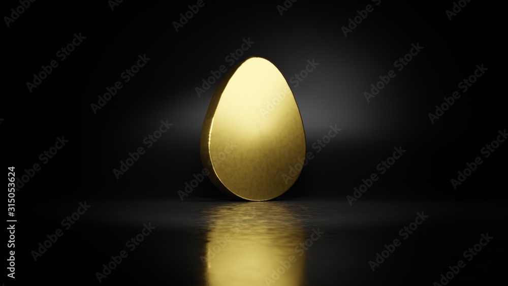 Poster gold metal symbol of egg 3d rendering with blurry reflection on floor with dark background