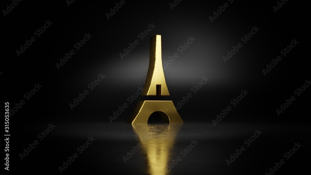 Poster gold metal symbol of eiffel tower 3d rendering with blurry reflection on floor with dark background