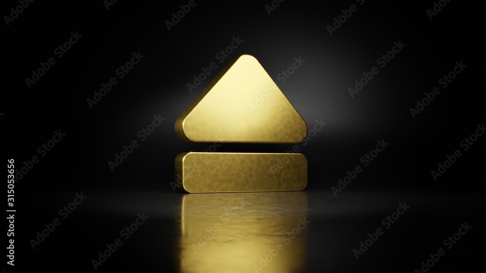 Poster gold metal symbol of eject 3d rendering with blurry reflection on floor with dark background