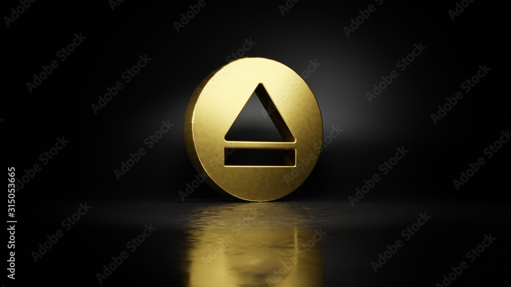 Poster gold metal symbol of eject 3d rendering with blurry reflection on floor with dark background