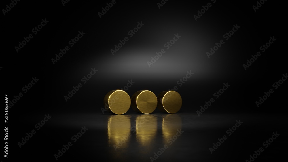Poster gold metal symbol of ellipsis horizontal 3d rendering with blurry reflection on floor with dark back