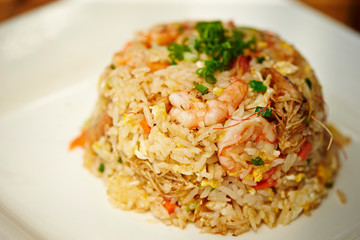 Asian shrimp fried rice on plate 