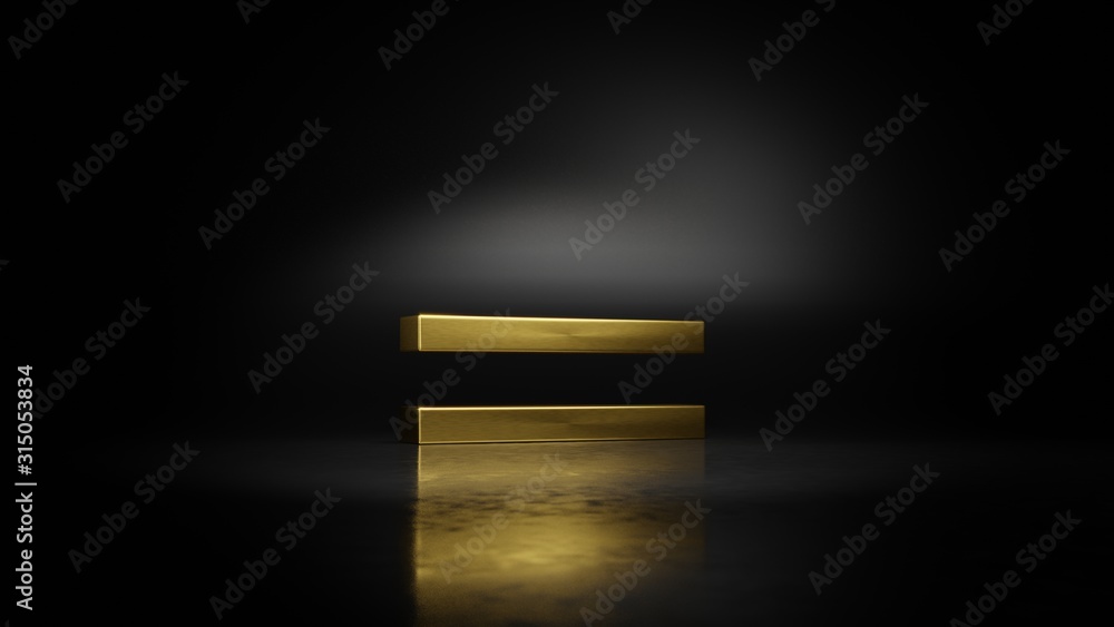 Poster gold metal symbol of equal 3d rendering with blurry reflection on floor with dark background