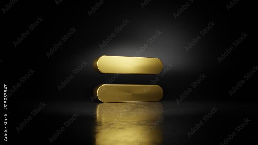Poster gold metal symbol of equal 3d rendering with blurry reflection on floor with dark background