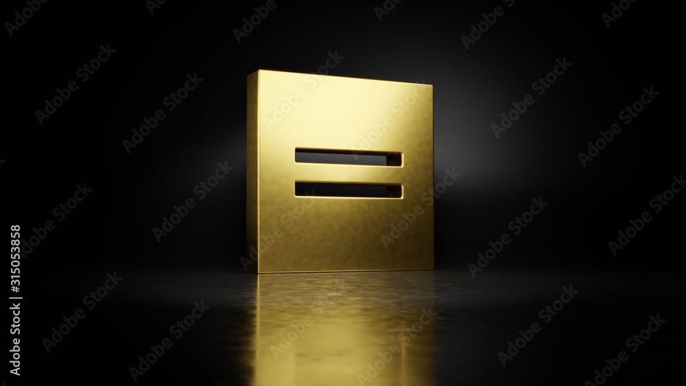 Poster gold metal symbol of equal 3d rendering with blurry reflection on floor with dark background
