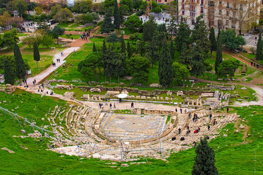 Ancient Theater of Dionysus seen from the hill of Athens Acropolis. Ancient ruins. The Theatre of Dionysus Eleuthereus is a major theatre in Athens, considered to be the world's first theatre