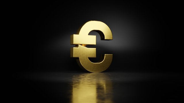 gold metal symbol of euro 3D rendering with blurry reflection on floor with dark background