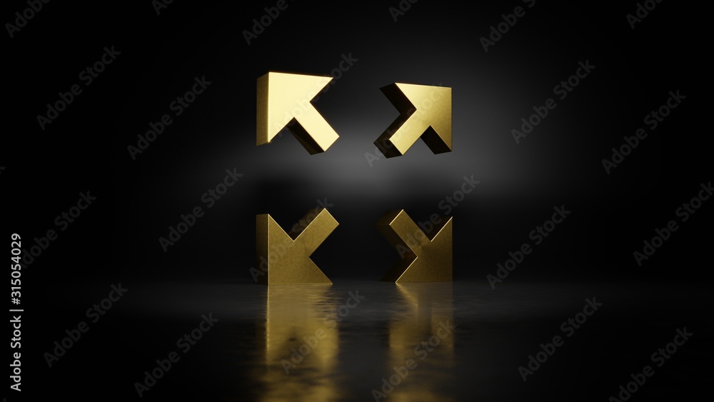 Poster gold metal symbol of expand 3d rendering with blurry reflection on floor with dark background