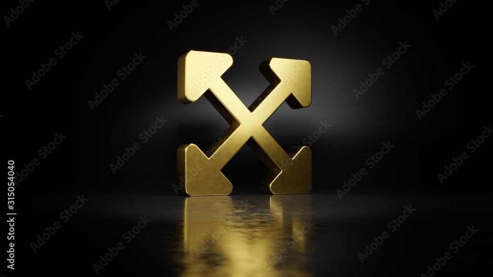 Poster gold metal symbol of expand arrows 3d rendering with blurry reflection on floor with dark background
