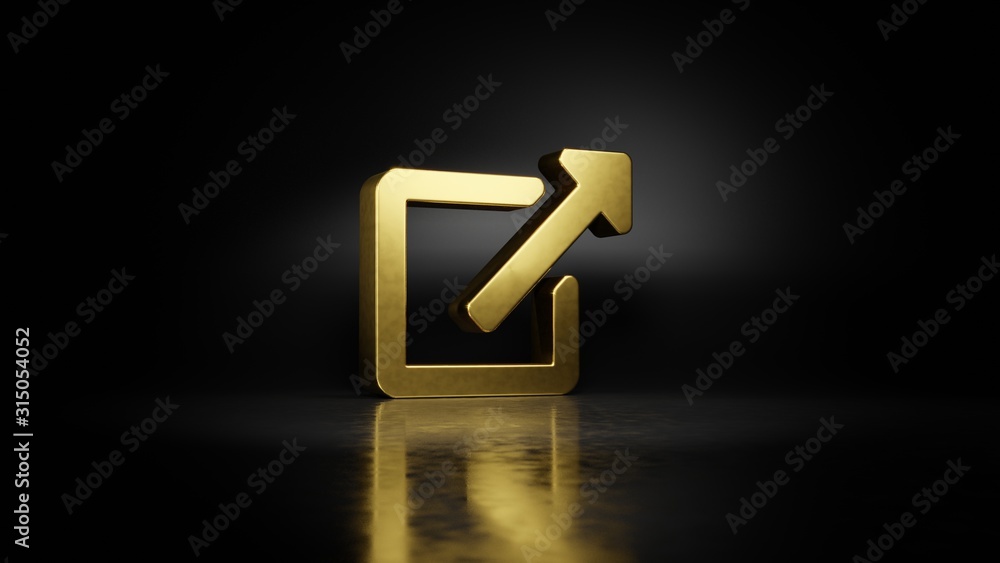 Poster gold metal symbol of external link 3d rendering with blurry reflection on floor with dark background