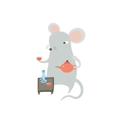Cute mouse serving table for Chinese tea ceremony. Cartoon rat drinking tea. Symbol of 2020 new year. Vector isolated illustration