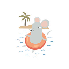 Cute mouse on a inflatable circle at a tropical holiday resort. Funny rat relaxing on a swim ring on summer vacation.  Humanized symbol of 2020 Chinese animal zodiac. Vector isolated  illustration