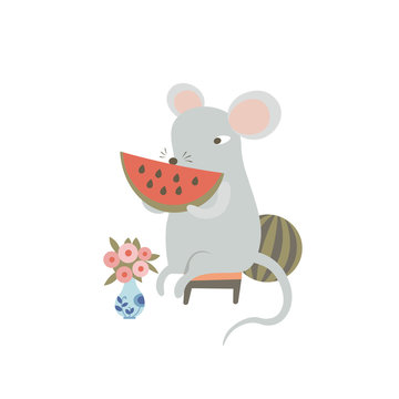 Cute mouse eating watermelon. Funny cartoon rat holding watermelon slice enjoying the harvest. Humanized symbol of 2020 Chinese animal zodiac. Vector isolated  illustration