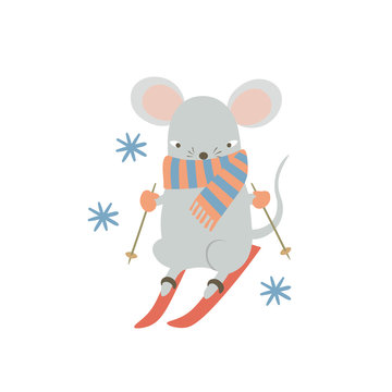 Cute mouse skiing downhill. Funny cartoon rat enjoying winter sport activities. Humanized symbol of 2020 Chinese animal zodiac. Vector isolated  illustration