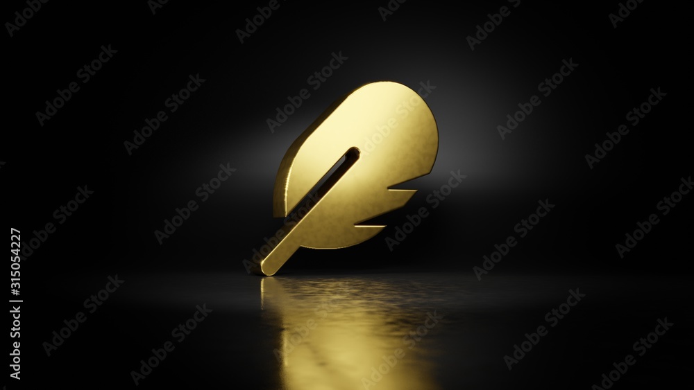 Poster gold metal symbol of feather 3d rendering with blurry reflection on floor with dark background