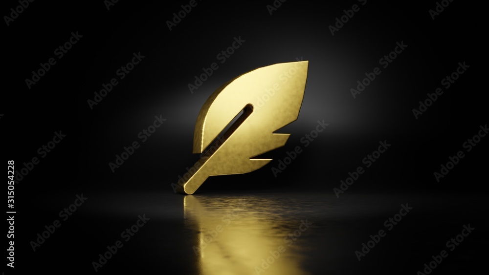 Poster gold metal symbol of feather 3d rendering with blurry reflection on floor with dark background