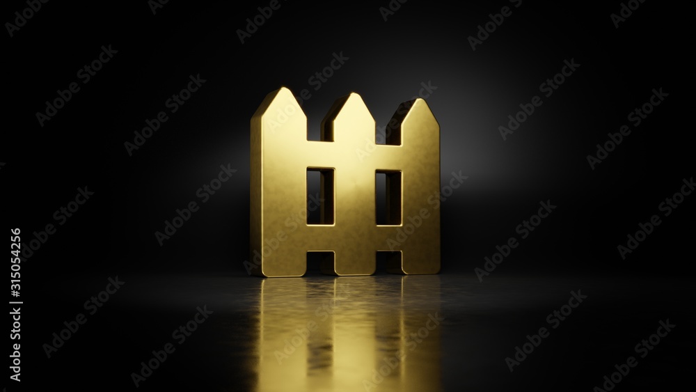 Poster gold metal symbol of fence 3d rendering with blurry reflection on floor with dark background