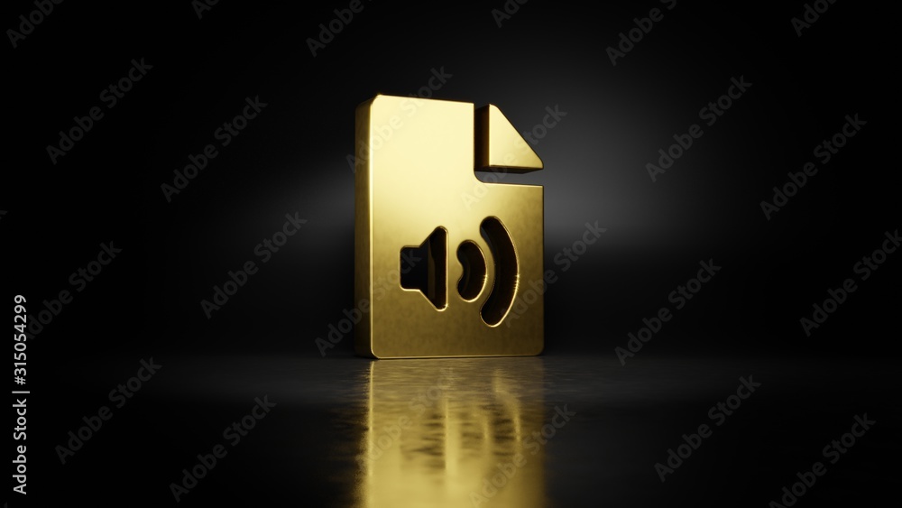 Aufkleber gold metal symbol of file audio 3d rendering with blurry reflection on floor with dark background