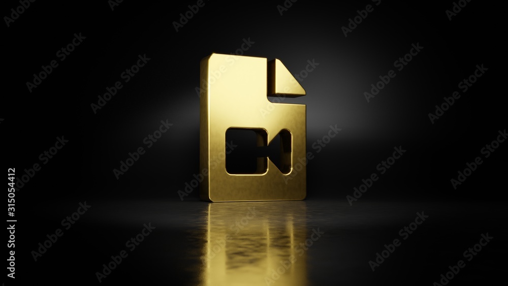 Poster gold metal symbol of file video 3d rendering with blurry reflection on floor with dark background