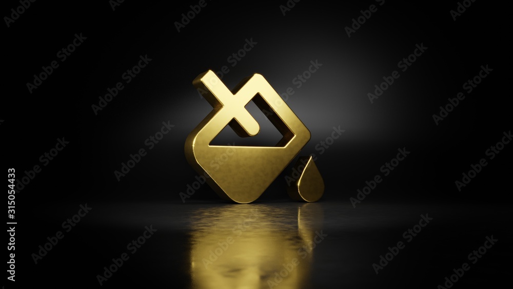 Poster gold metal symbol of fill drip 3d rendering with blurry reflection on floor with dark background