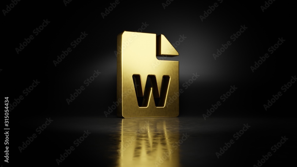 Poster gold metal symbol of file word 3d rendering with blurry reflection on floor with dark background