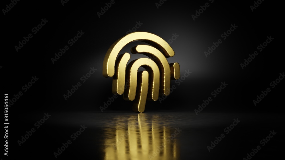 Poster gold metal symbol of fingerprint 3d rendering with blurry reflection on floor with dark background