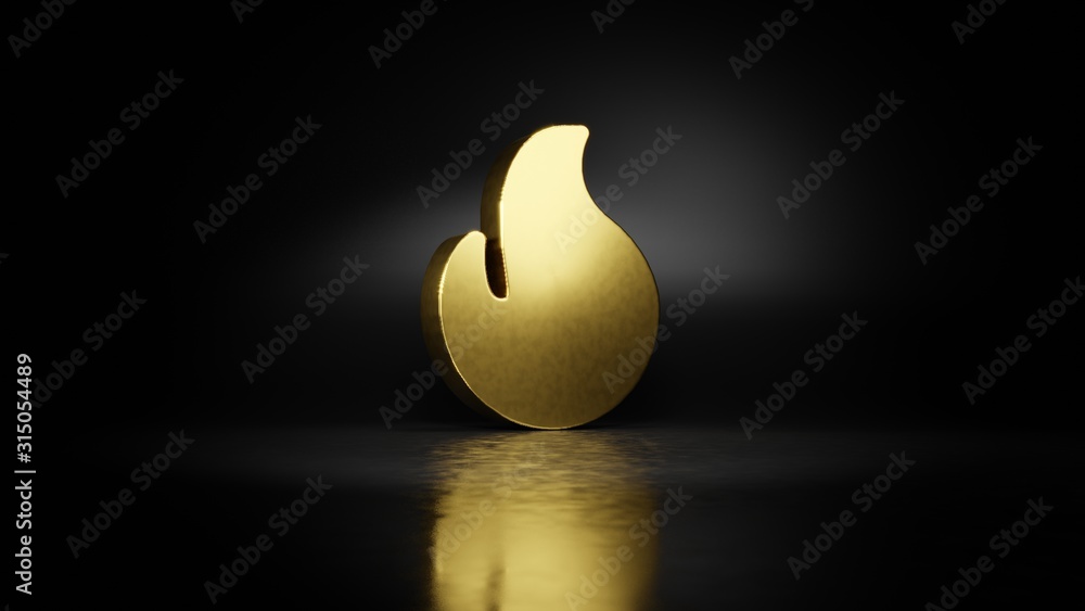 Poster gold metal symbol of fire 3d rendering with blurry reflection on floor with dark background