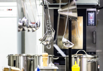 Dishes while cooking in the kitchen in a restaurant. Close-up