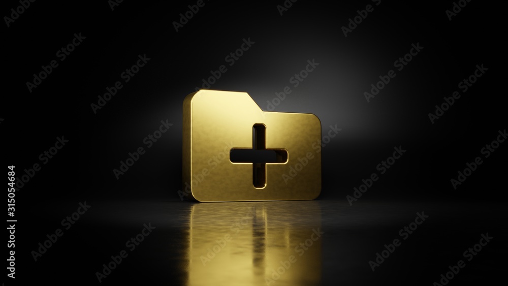Poster gold metal symbol of folder plus 3d rendering with blurry reflection on floor with dark background