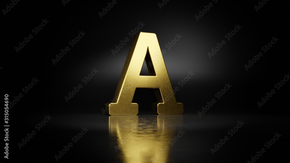 Poster gold metal symbol of font 3D rendering with blurry reflection on floor with dark background