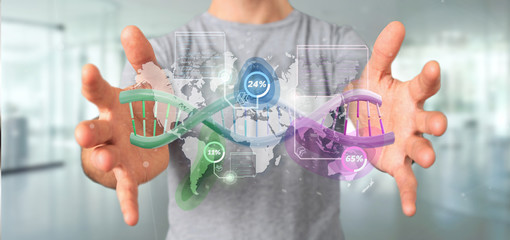 Businessman holding a DNA over a world map with geographic localization - genealogy concept - 3d...
