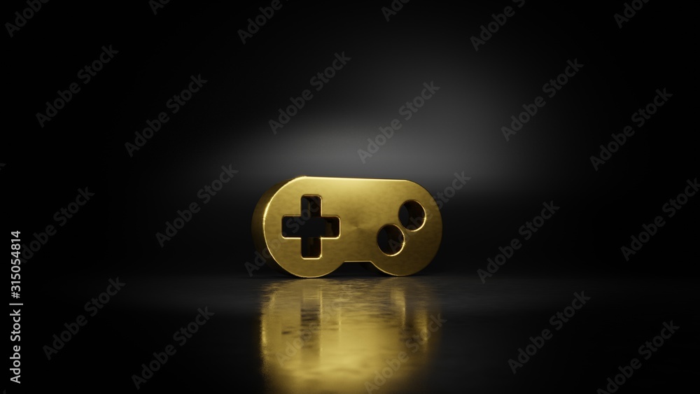 Poster gold metal symbol of gamepad 3d rendering with blurry reflection on floor with dark background