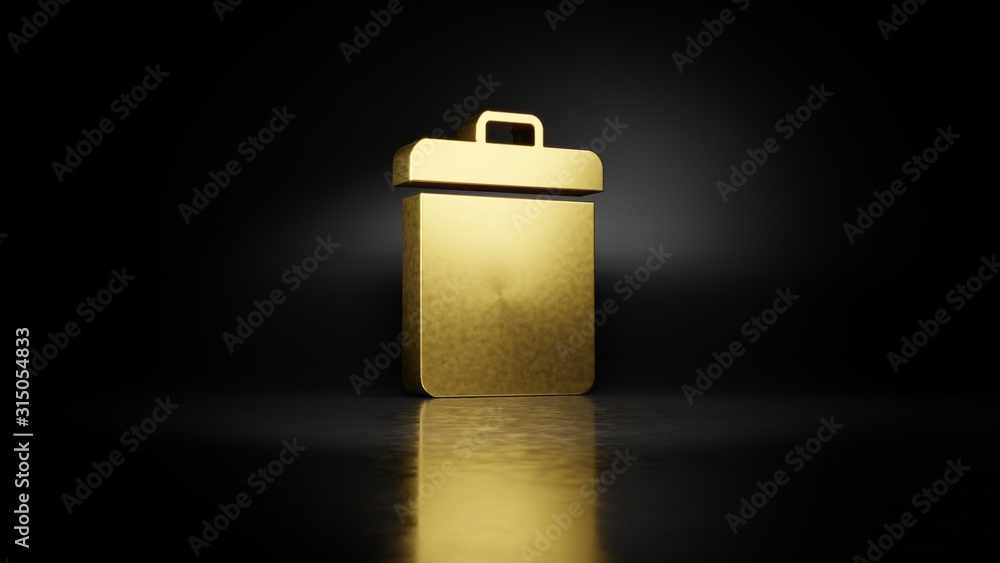 Poster gold metal symbol of garbage 3d rendering with blurry reflection on floor with dark background