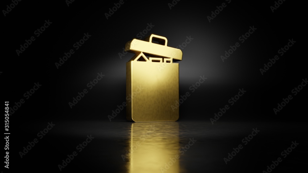 Poster gold metal symbol of garbage 3d rendering with blurry reflection on floor with dark background