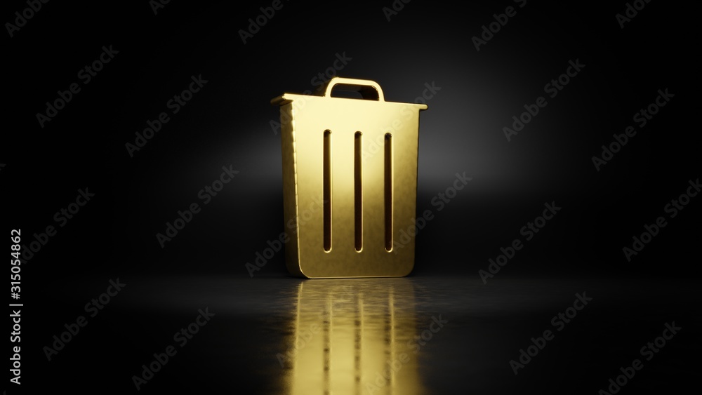Poster gold metal symbol of garbage 3d rendering with blurry reflection on floor with dark background