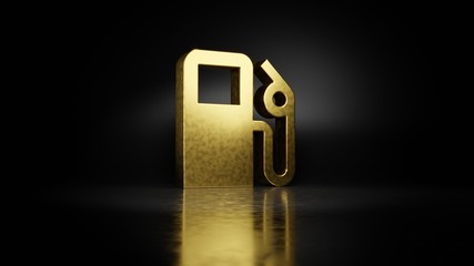 gold metal symbol of gas station 3D rendering with blurry reflection on floor with dark background