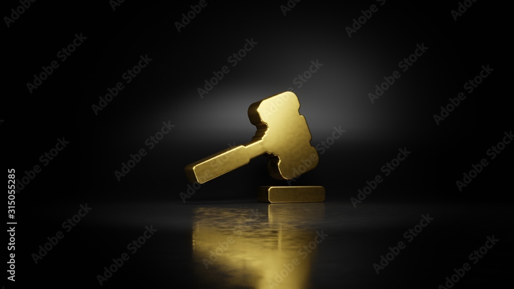 Poster gold metal symbol of hammer 3d rendering with blurry reflection on floor with dark background