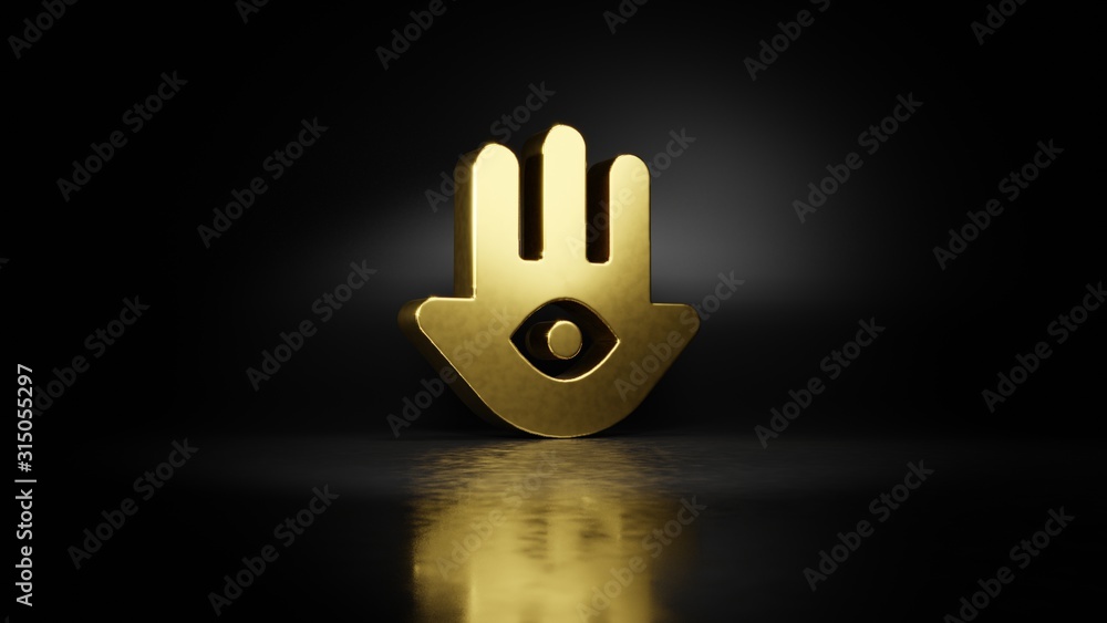 Poster gold metal symbol of hamsa 3d rendering with blurry reflection on floor with dark background