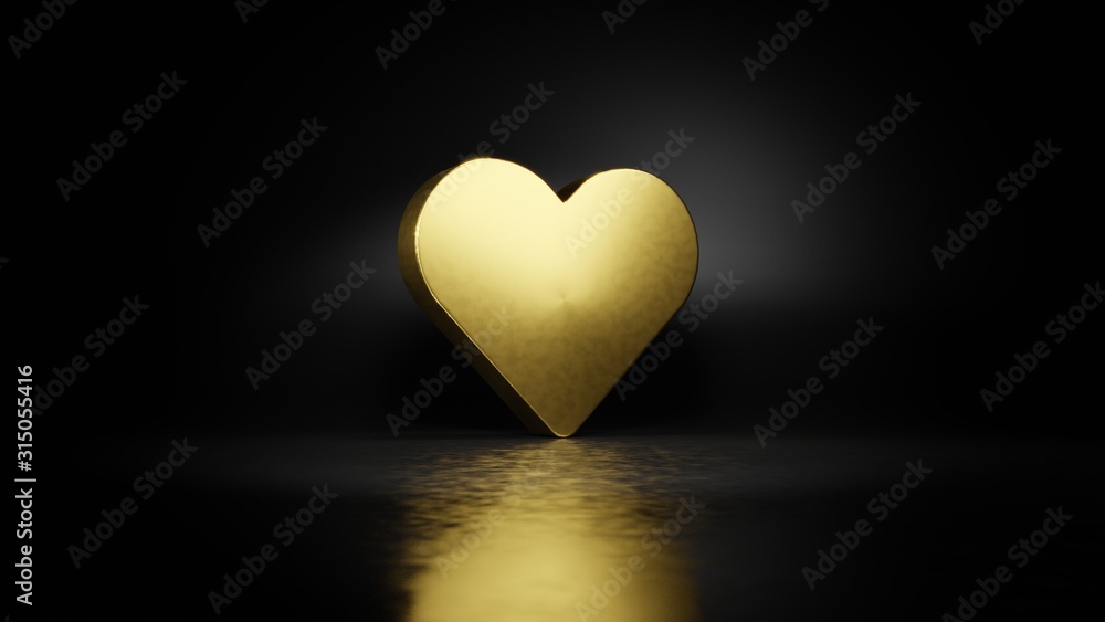 Poster gold metal symbol of heart 3d rendering with blurry reflection on floor with dark background