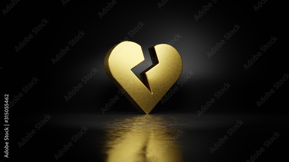 Poster gold metal symbol of heart broken 3d rendering with blurry reflection on floor with dark background