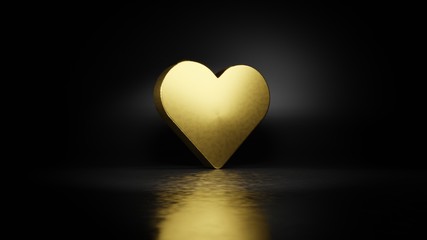 gold metal symbol of heart 3D rendering with blurry reflection on floor with dark background
