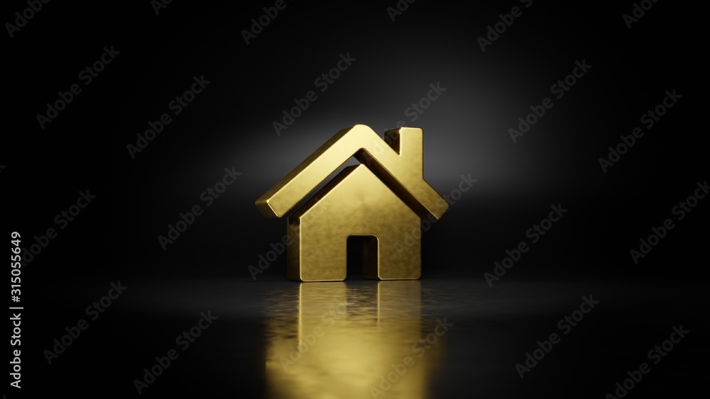 Poster gold metal symbol of home 3d rendering with blurry reflection on floor with dark background