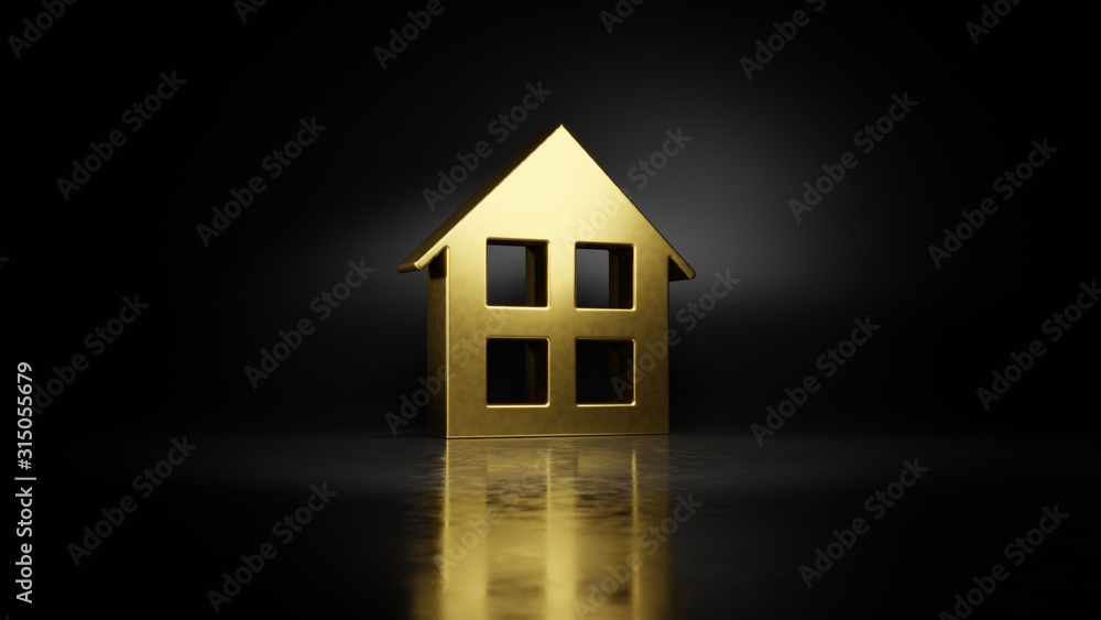 Poster gold metal symbol of home 3d rendering with blurry reflection on floor with dark background