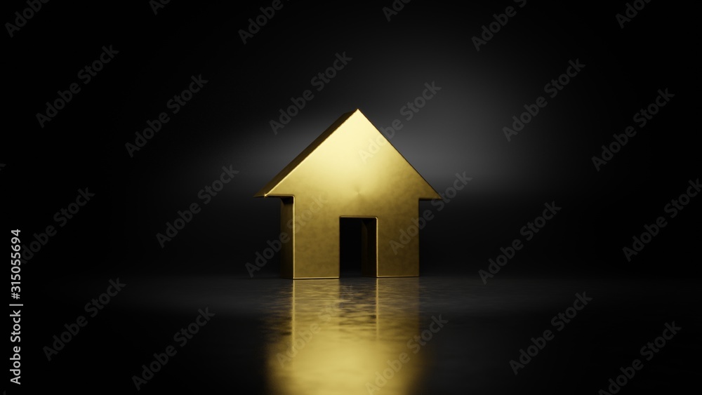 Poster gold metal symbol of home button 3d rendering with blurry reflection on floor with dark background