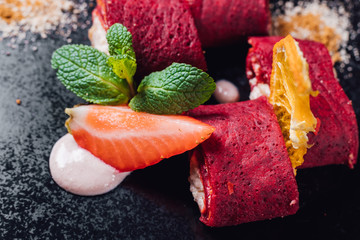 pancakes with beet juice, Red pancakes. with tofu cheese. wheat flour, vegetable milk, isolated on...